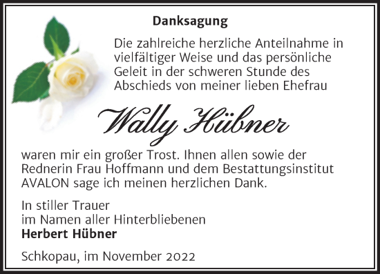 Traueranzeige von Wally Hübner von Trauerkombi Merseburg