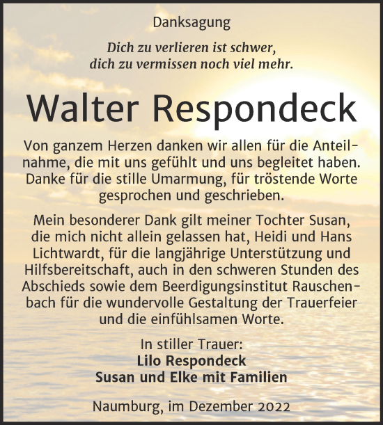 Traueranzeige von Walter Respondeck von Naumburger Tageblatt