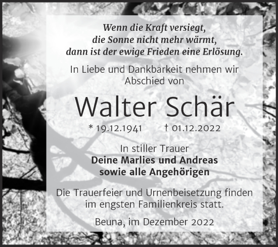 Traueranzeige von Walter Schär von Trauerkombi Merseburg