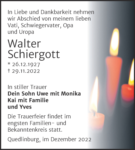 Traueranzeige von Walter Schiergott von Trauerkombi Quedlinburg