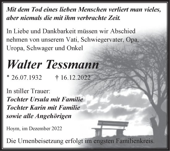 Traueranzeige von Walter Tessmann von Trauerkombi Aschersleben