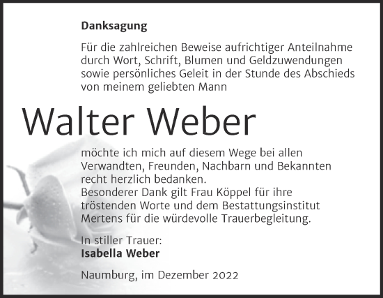 Traueranzeige von Walter Weber von Wochenspiegel Naumburg/Nebra