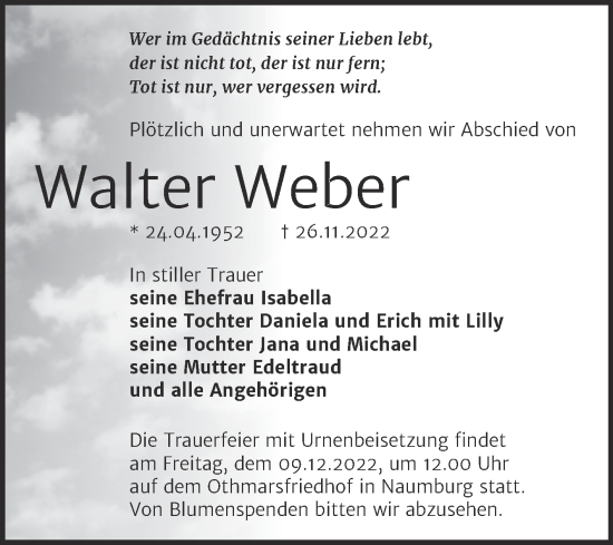 Traueranzeige von Walter Weber von Wochenspiegel Naumburg/Nebra