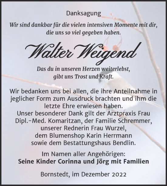 Traueranzeige von Walter Weigend von Trauerkombi Mansfelder Land