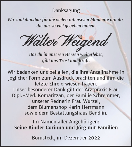 Traueranzeige von Walter Weigend von Super Sonntag Mansfelder Land