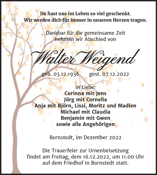Traueranzeige von Walter Weigend von Mitteldeutsche Zeitung Mansfelder Land