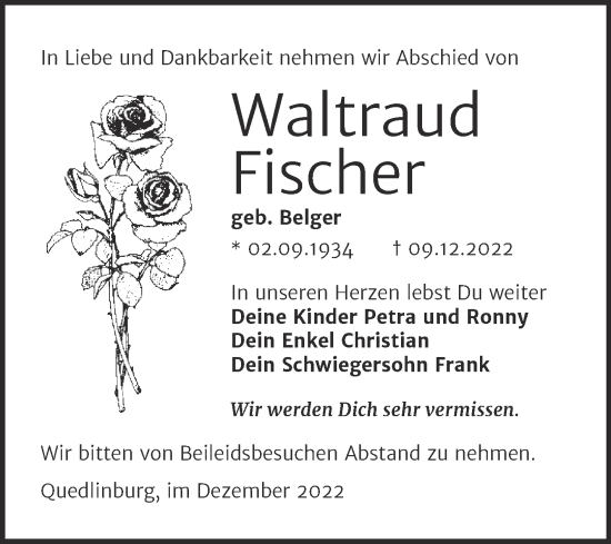 Traueranzeige von Waltraud Fischer von Trauerkombi Quedlinburg