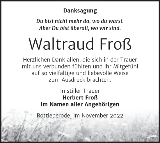 Traueranzeige von Waltraud Froß von Trauerkombi Sangerhausen
