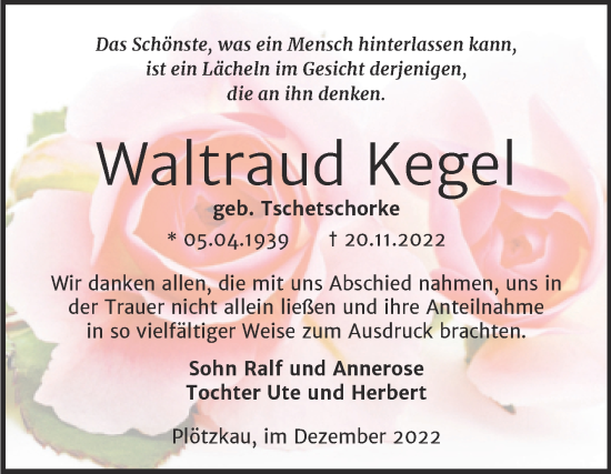 Traueranzeige von Waltraud Kegel von Trauerkombi Bernburg
