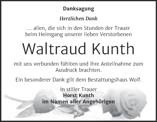 Traueranzeige von Waltraud Kunth von Trauerkombi Weißenfels