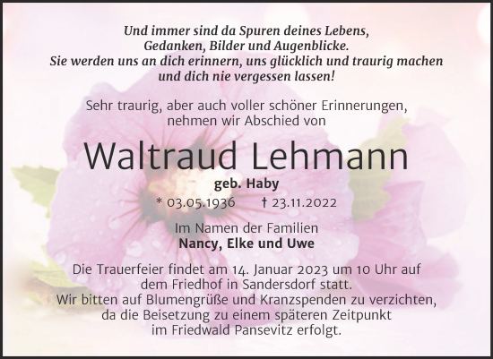 Traueranzeige von Waltraud Lehmann von Trauerkombi Bitterfeld