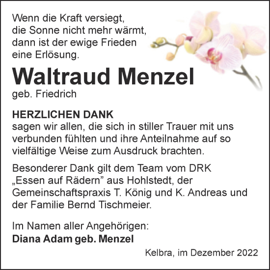 Traueranzeige von Waltraud Menzel von Trauerkombi Sangerhausen