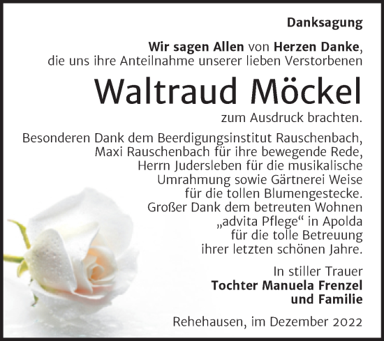 Traueranzeige von Waltraud Möckel von Wochenspiegel Naumburg/Nebra