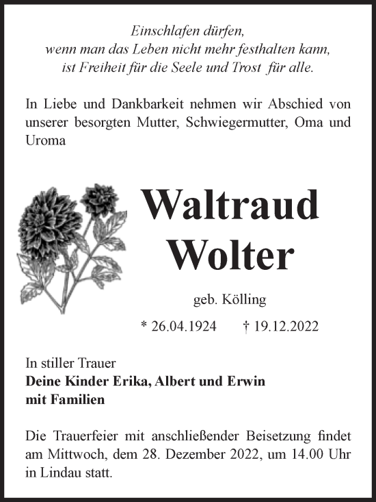 Traueranzeige von Waltraud Wolter von Mitteldeutsche Zeitung