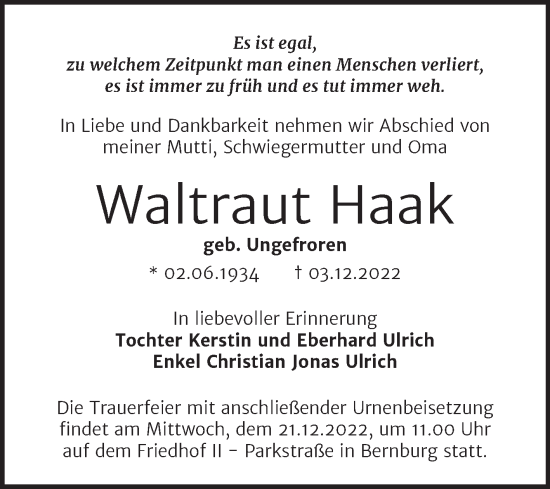 Traueranzeige von Waltraut Haak von Trauerkombi Bernburg