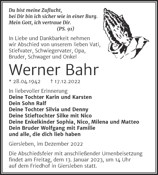 Traueranzeige von Werner Bahr von Trauerkombi Aschersleben