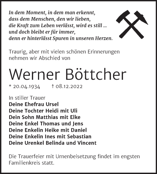 Traueranzeige von Werner Böttcher von Trauerkombi Bitterfeld