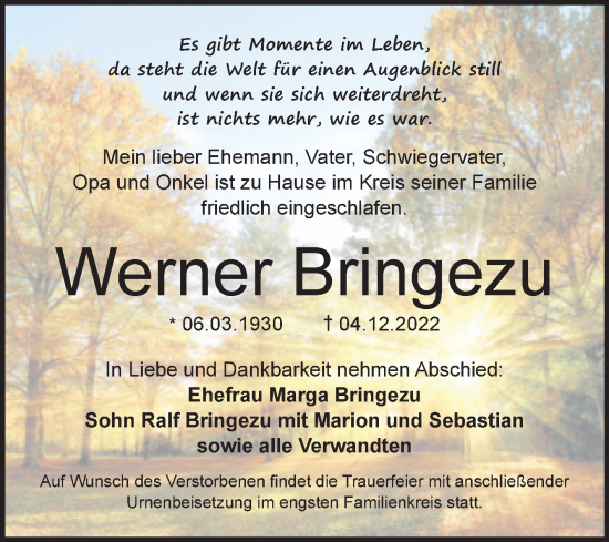 Traueranzeige von Werner Bringezu von Trauerkombi Bernburg