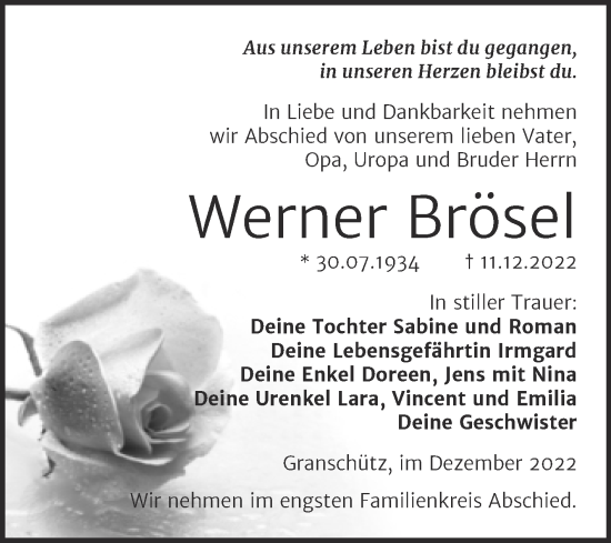 Traueranzeige von Werner Brösel von Trauerkombi Weißenfels