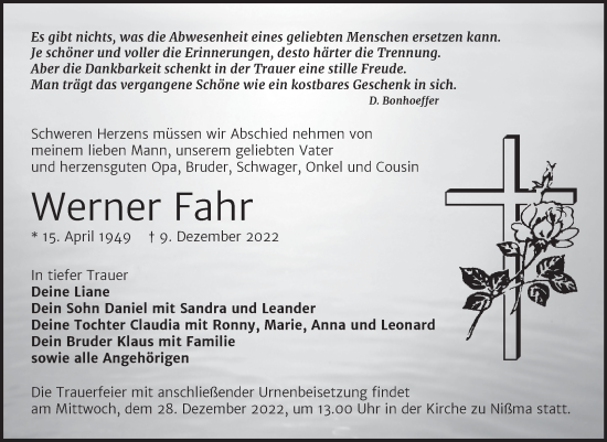 Traueranzeige von Werner Fahr von Trauerkombi Zeitz