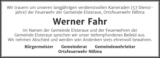 Traueranzeige von Werner Fahr von Super Sonntag Zeitz