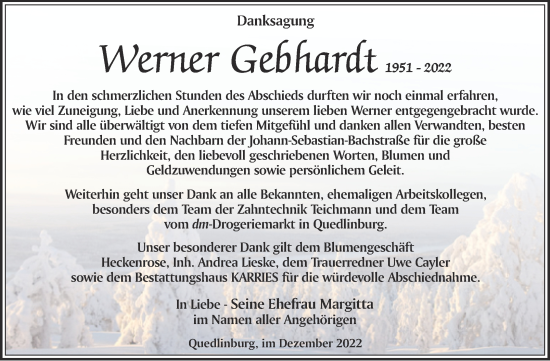 Traueranzeige von Werner Gebhardt von Trauerkombi Quedlinburg