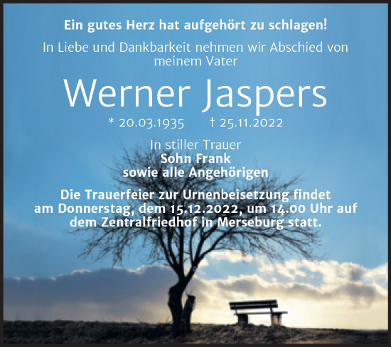 Traueranzeige von Werner Jaspers von Trauerkombi Merseburg