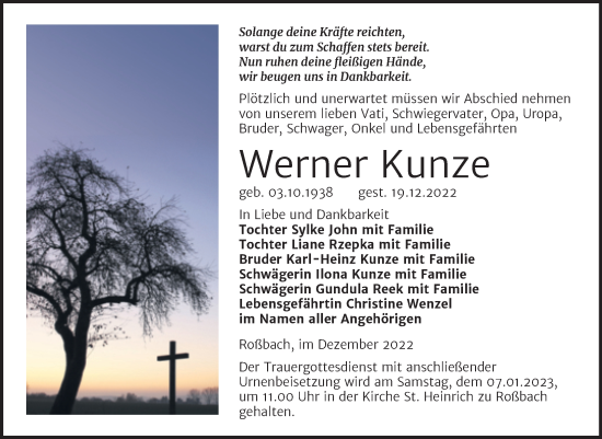 Traueranzeige von Werner Kunze von Trauerkombi Merseburg