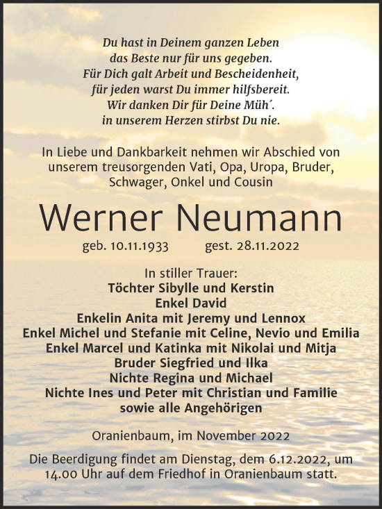 Traueranzeige von Werner Neumann von Trauerkombi Wittenberg