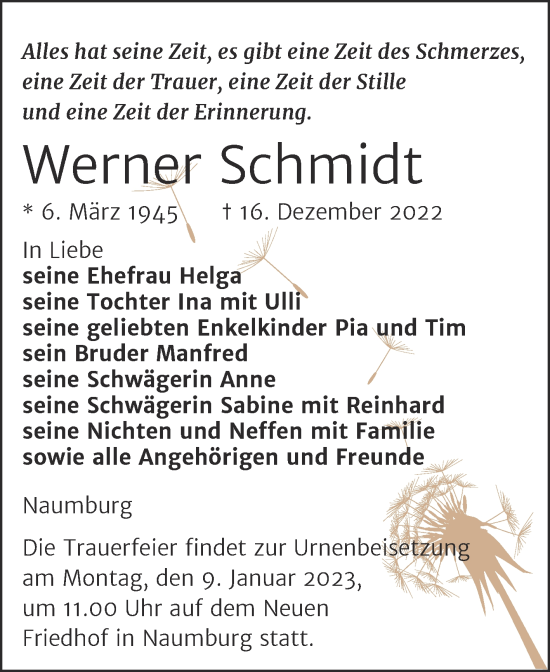 Traueranzeige von Werner Schmidt von Naumburger Tageblatt
