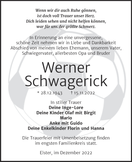 Traueranzeige von Werner Schwagerick von Trauerkombi Wittenberg