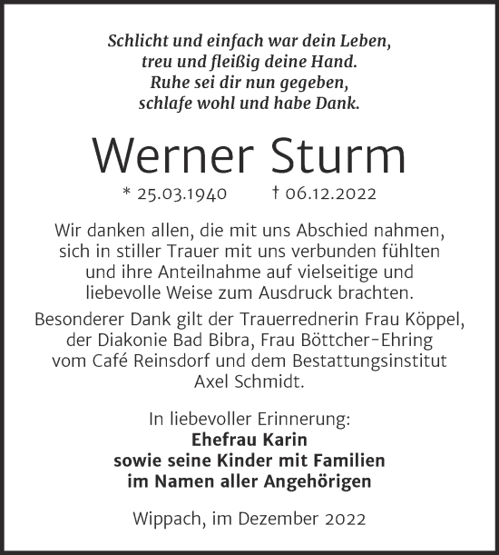 Traueranzeige von Werner Sturm von Naumburger Tageblatt