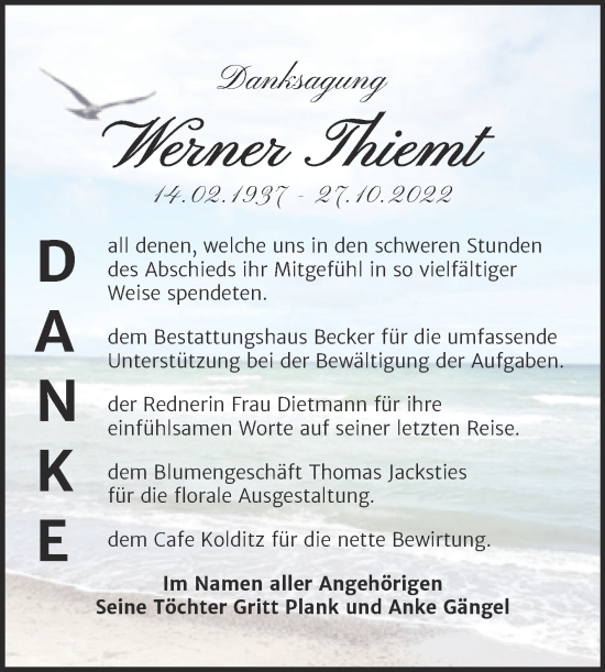 Traueranzeige von Werner Thiemt von Trauerkombi Sangerhausen