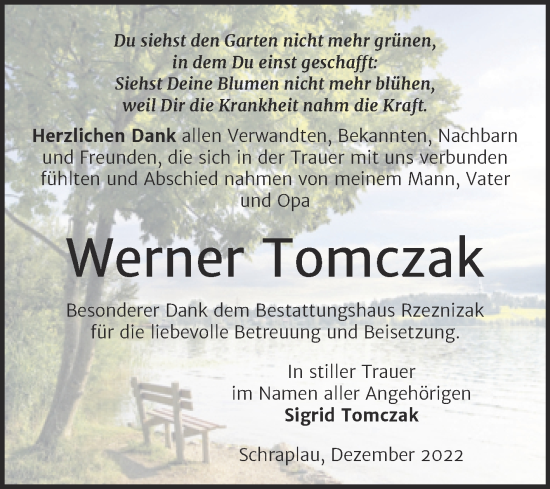Traueranzeige von Werner Tomczak von Trauerkombi Merseburg