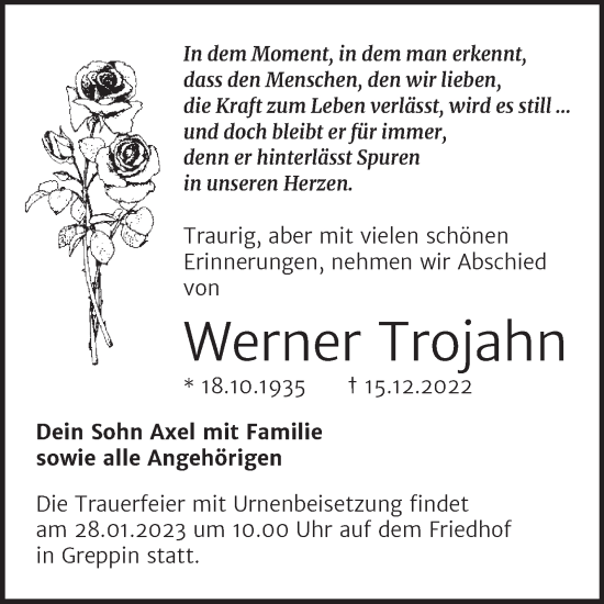 Traueranzeige von Werner Trojahn von Trauerkombi Bitterfeld