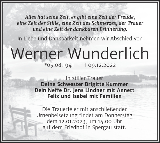 Traueranzeige von Werner Wunderlich von Trauerkombi Merseburg