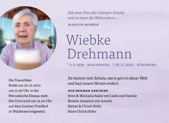 Traueranzeige von Wiebke Drehmann von Mitteldeutsche Zeitung Dessau-Roßlau