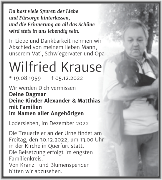 Traueranzeige von Wilfried Krause von Trauerkombi Merseburg