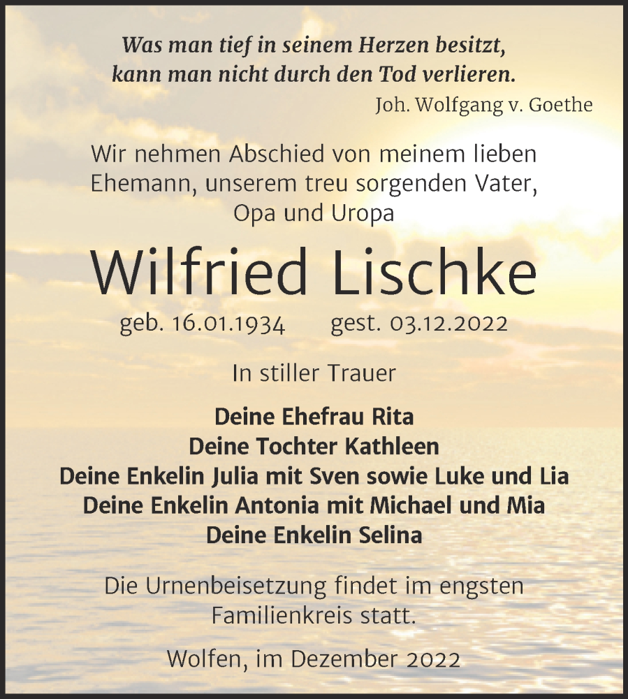  Traueranzeige für Wilfried Lischke vom 24.12.2022 aus Trauerkombi Bitterfeld