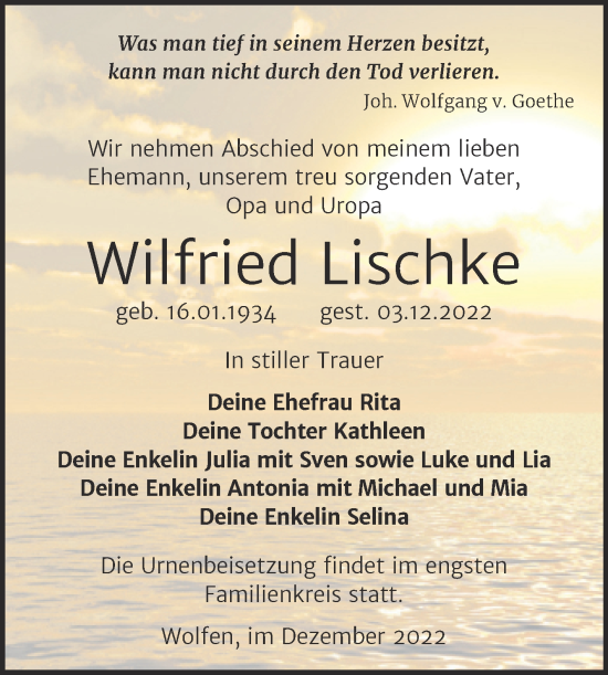 Traueranzeige von Wilfried Lischke von Trauerkombi Bitterfeld