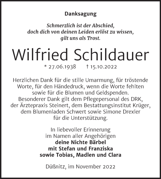 Traueranzeige von Wilfried Schildauer von Trauerkombi Wittenberg