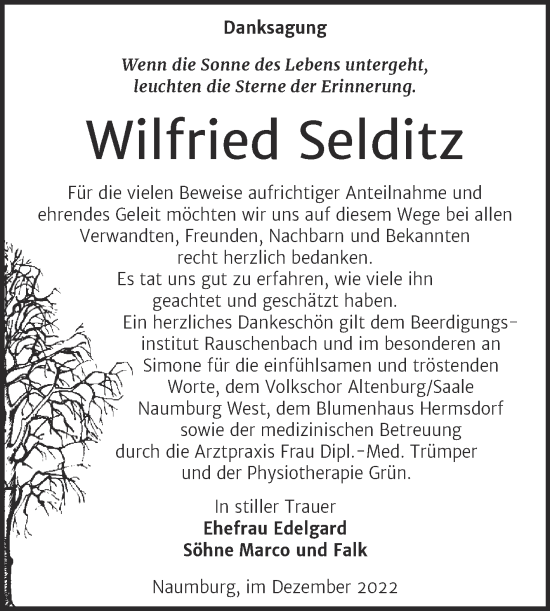 Traueranzeige von Wilfried Selditz von Wochenspiegel Naumburg/Nebra