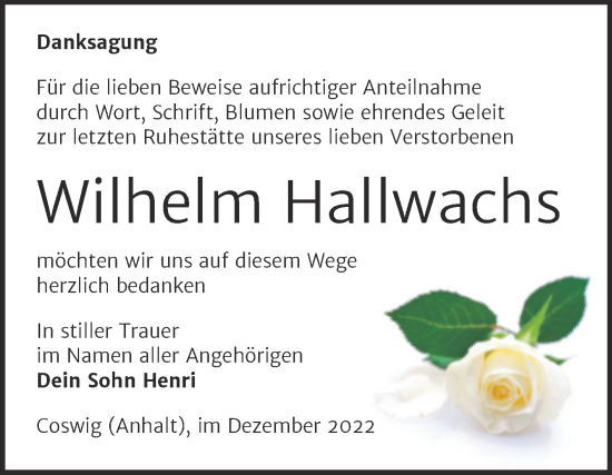 Traueranzeige von Wilhelm Hallwachs von Trauerkombi Wittenberg