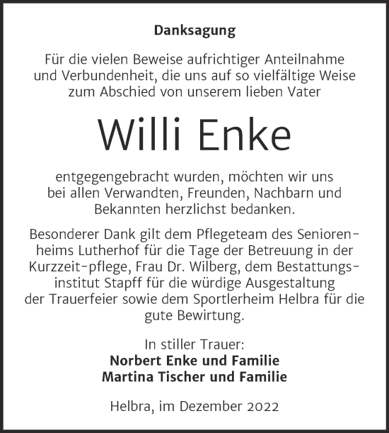 Traueranzeige von Willi Enke von Trauerkombi Mansfelder Land