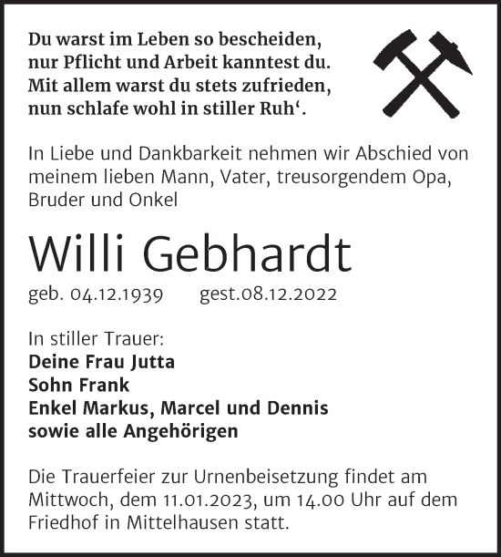 Traueranzeige von Willi Gebhardt von Trauerkombi Sangerhausen