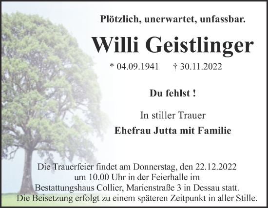 Traueranzeige von Willi Geistlinger von Trauerkombi Dessau