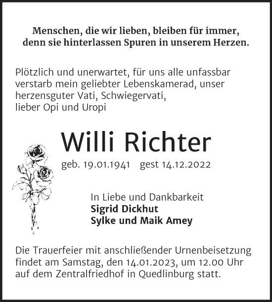 Traueranzeige von Willi Richter von Trauerkombi Mansfelder Land