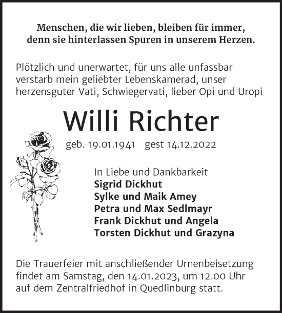 Traueranzeige von Willi Richter von Trauerkombi Quedlinburg