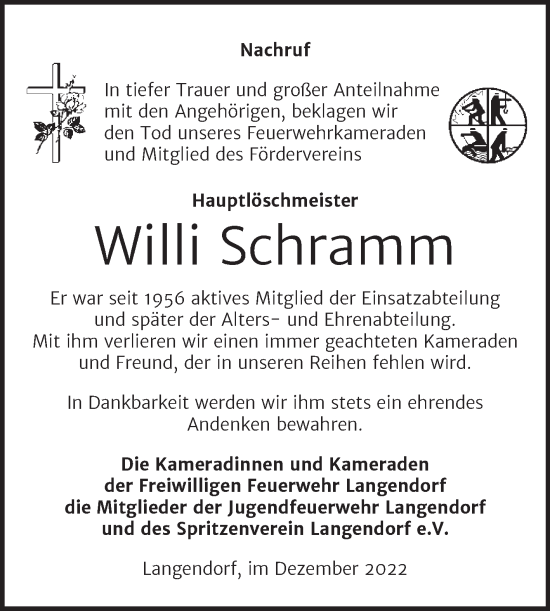 Traueranzeige von Willi Schramm von Trauerkombi Weißenfels
