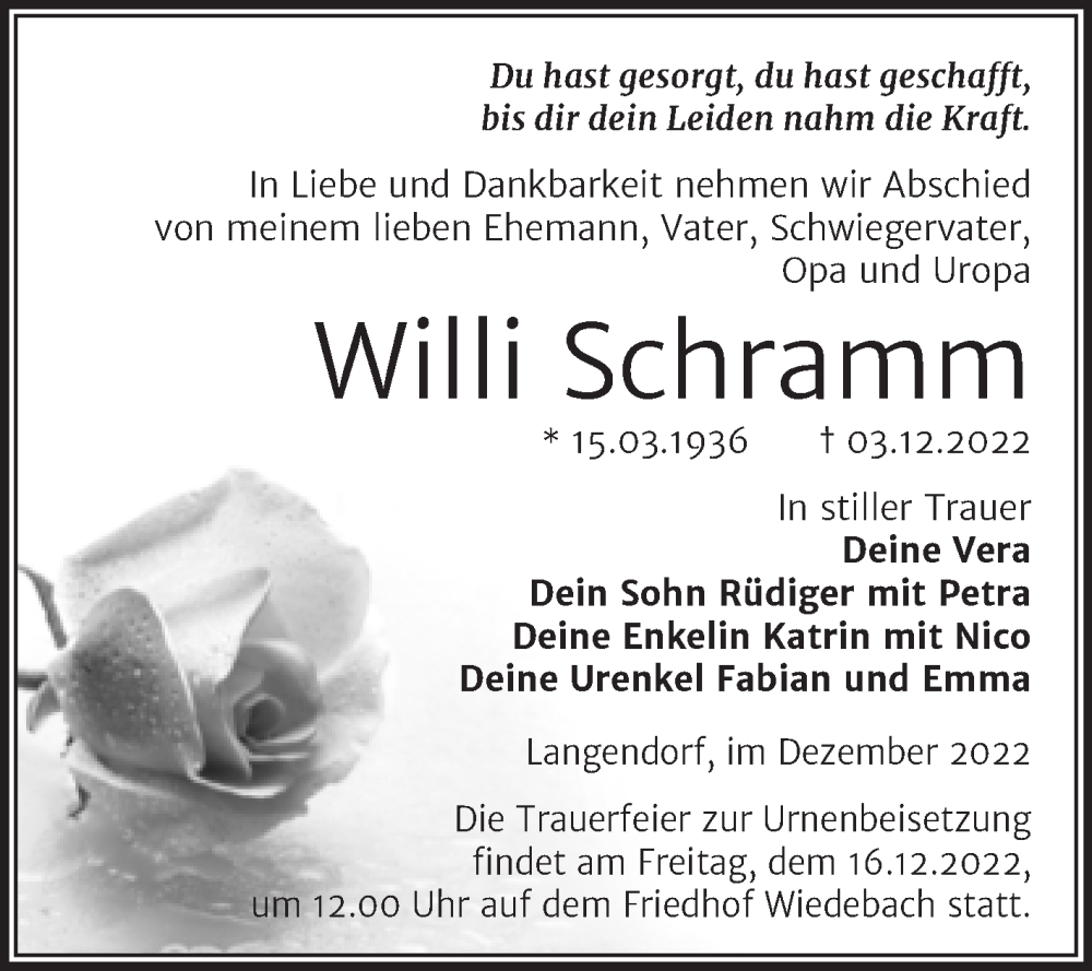  Traueranzeige für Willi Schramm vom 10.12.2022 aus Trauerkombi Weißenfels